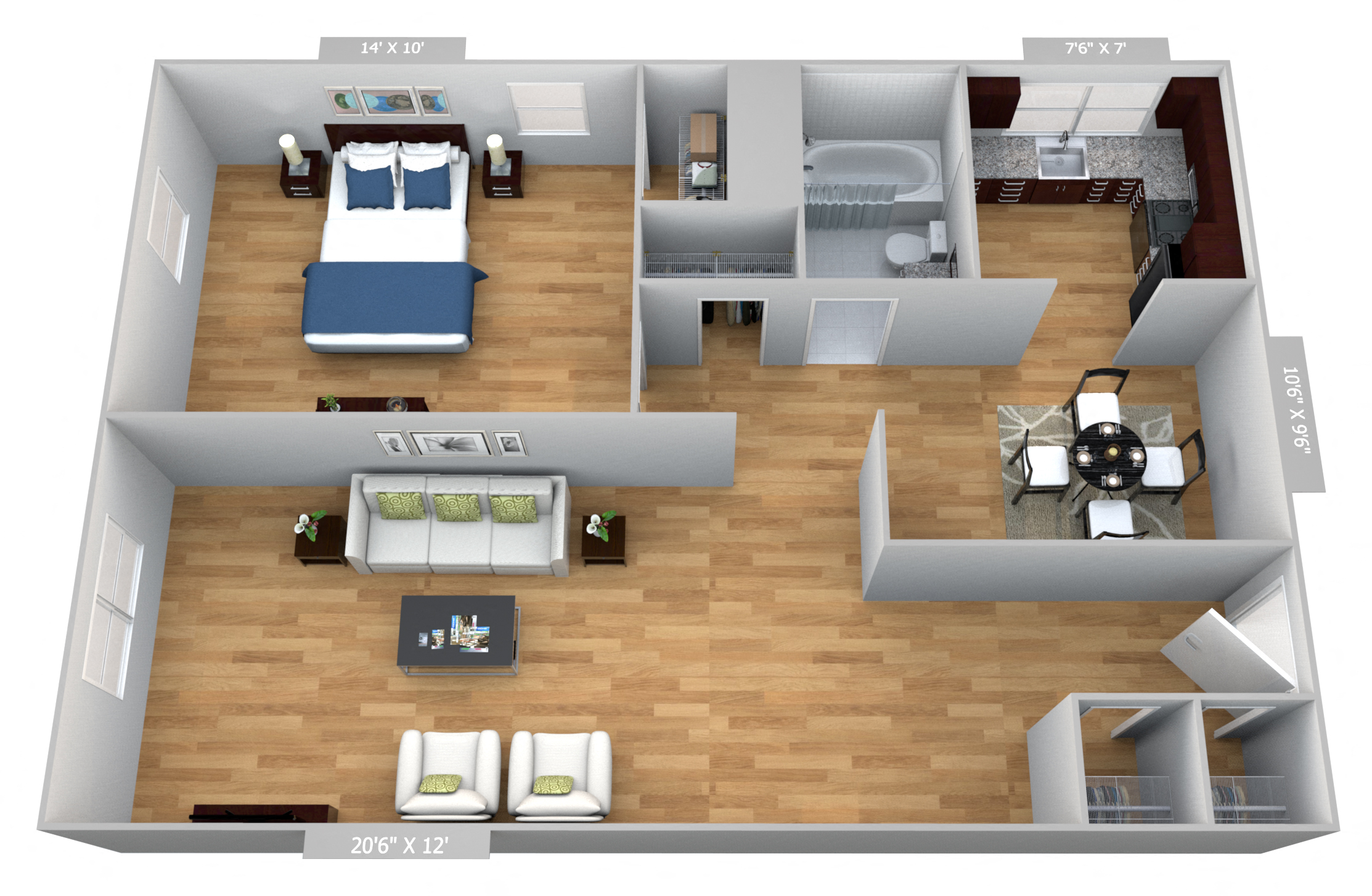 Floor plan for 1 bed, 1 bath, 580 sqft